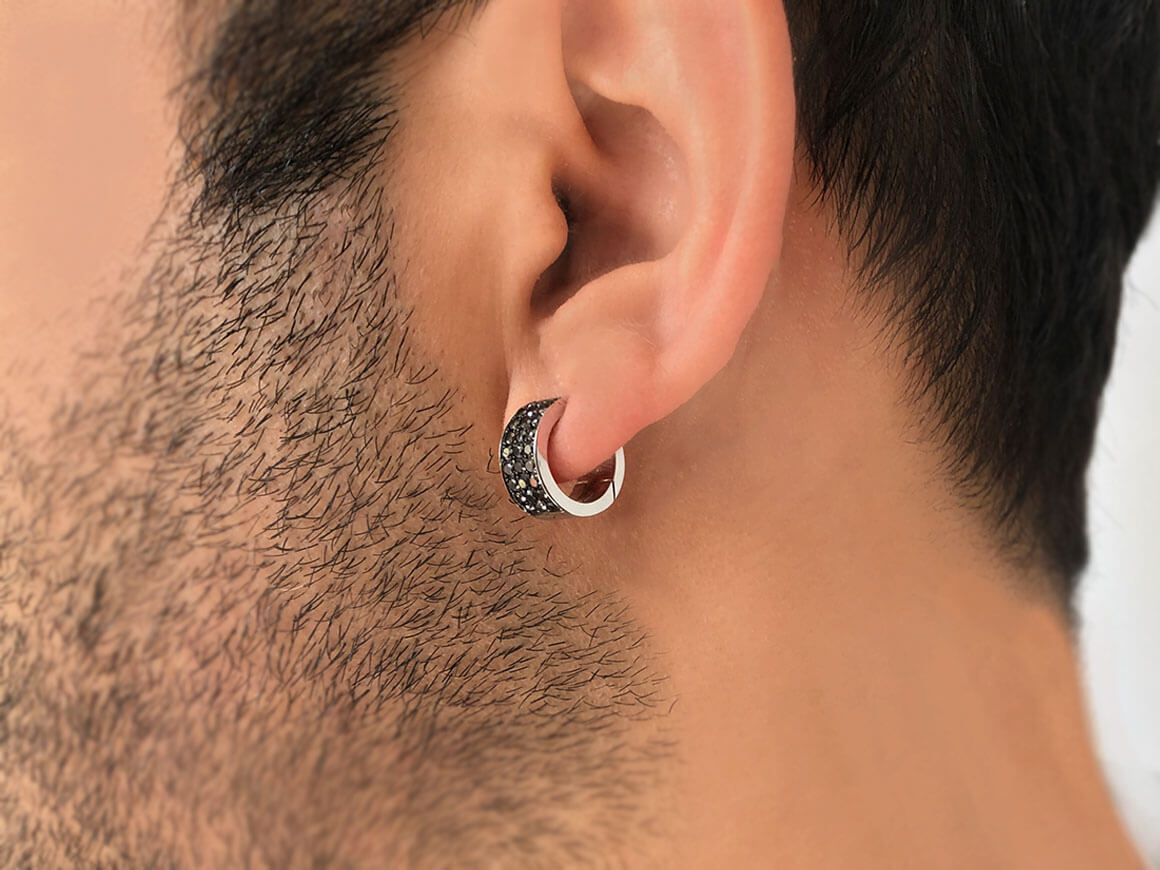 0.43 Carat Three Row Black Diamond Hoop Men's Earrings in 14K White Gold