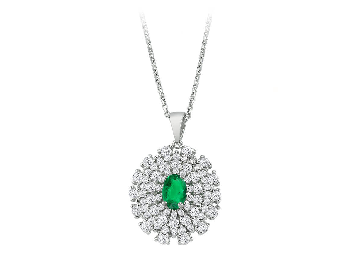 Four rows of diamonds and oval emerald necklace in 14 carat white gold