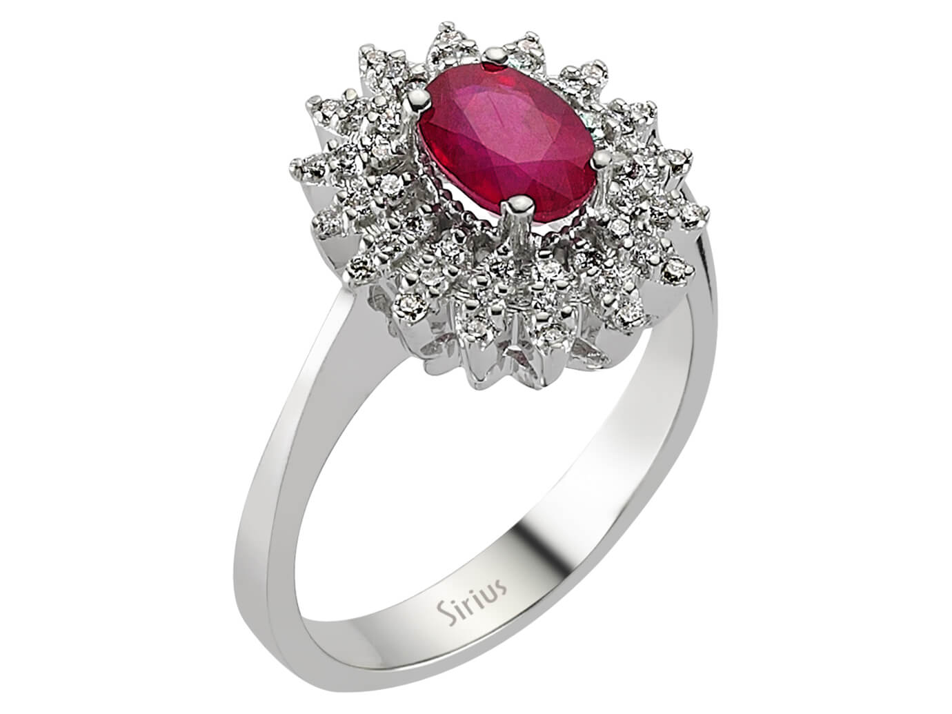 Diamond and oval ruby ring in 14 carat white gold