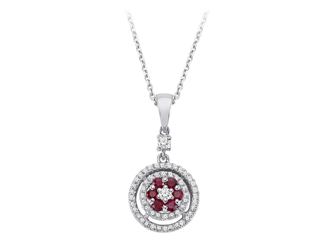 Two-row diamond and ruby flower necklace in 14 K white gold