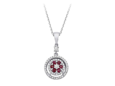 Two-row diamond and ruby flower necklace in 14 K white gold