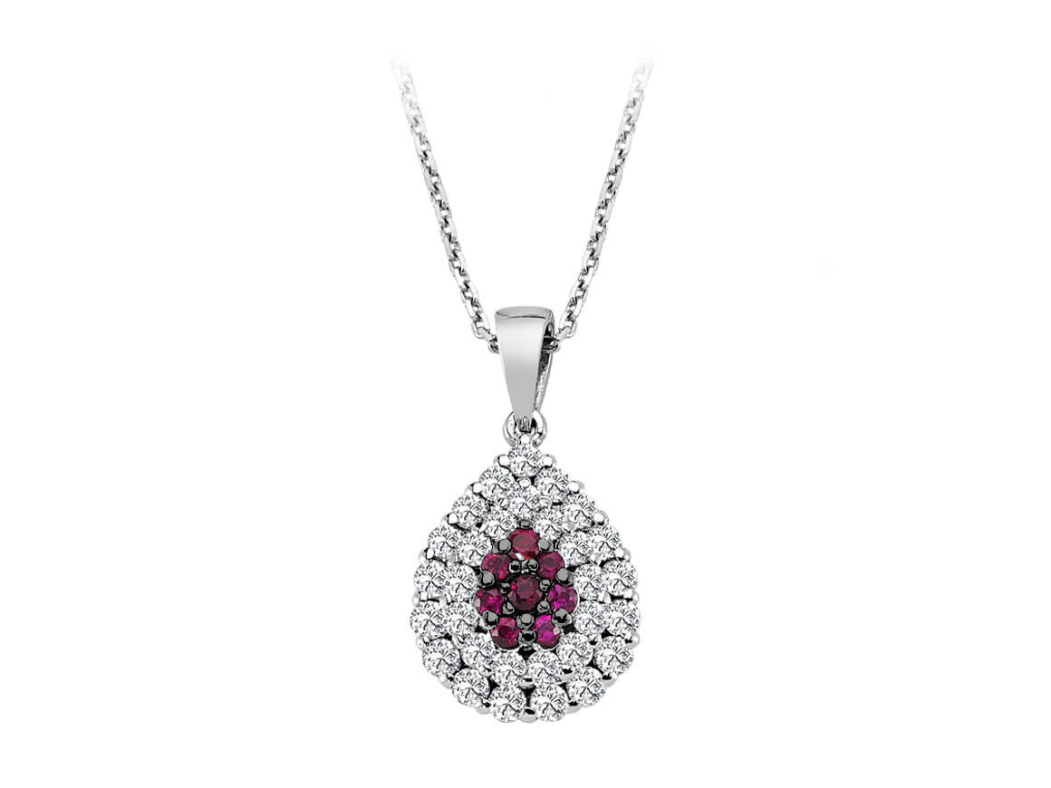 Two-row ruby and diamond necklace in 18 K white gold