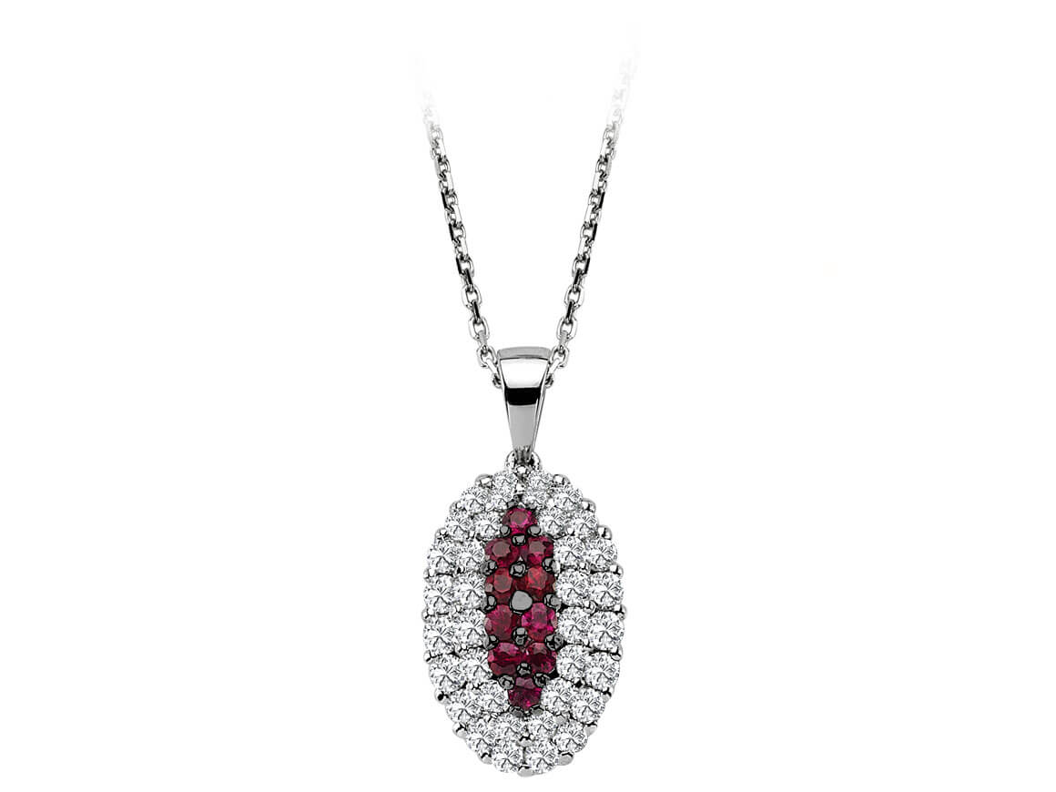 Two-row diamond and ruby necklace in 14 K white gold