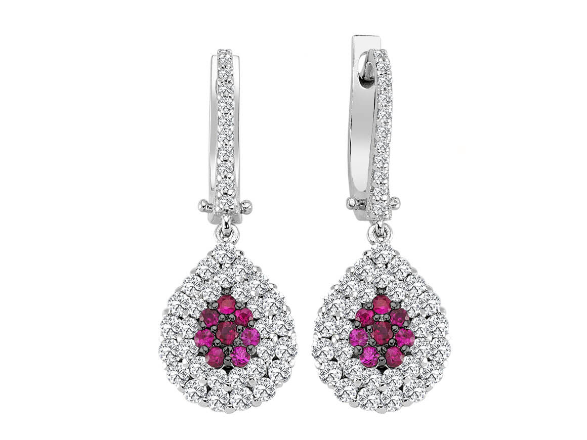 Two-row diamond and ruby earrings in 18 K white gold