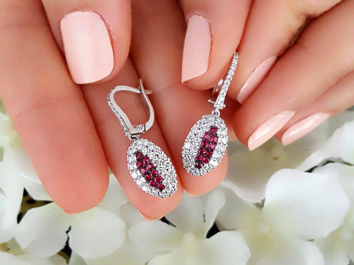 Earrings with rubies and double row diamonds