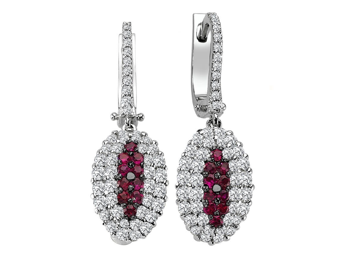 Ohrringe mit Rubinen und doppelreihigen Diamanten - handgefertigter Diamantschmuck aus Feingold | Sirius Diamant