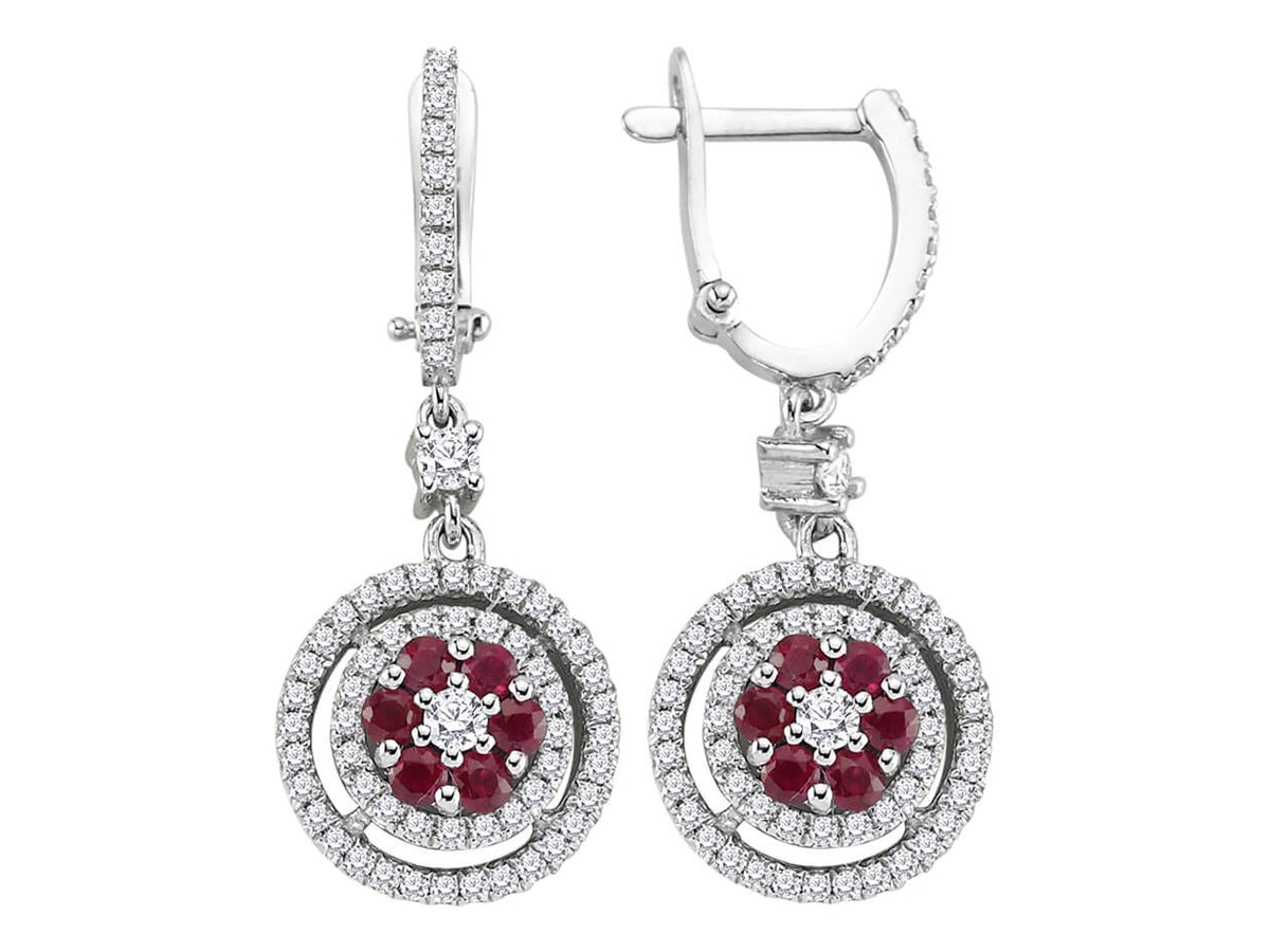 Zweireihe Diamant und Rubin Gänseblümchen Ohrhänger in 14 K Weißgold - handgefertigter Diamantschmuck aus Feingold | Sirius Diamant
