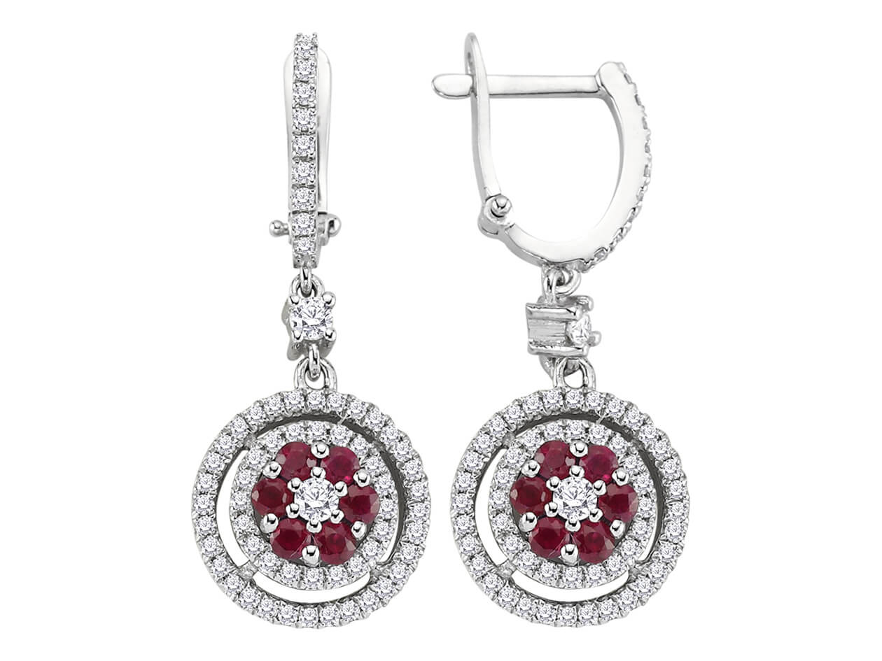 Two-row diamond and ruby daisy earrings in 14 K white gold