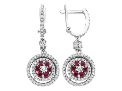 Two-row diamond and ruby daisy earrings in 14 K white gold