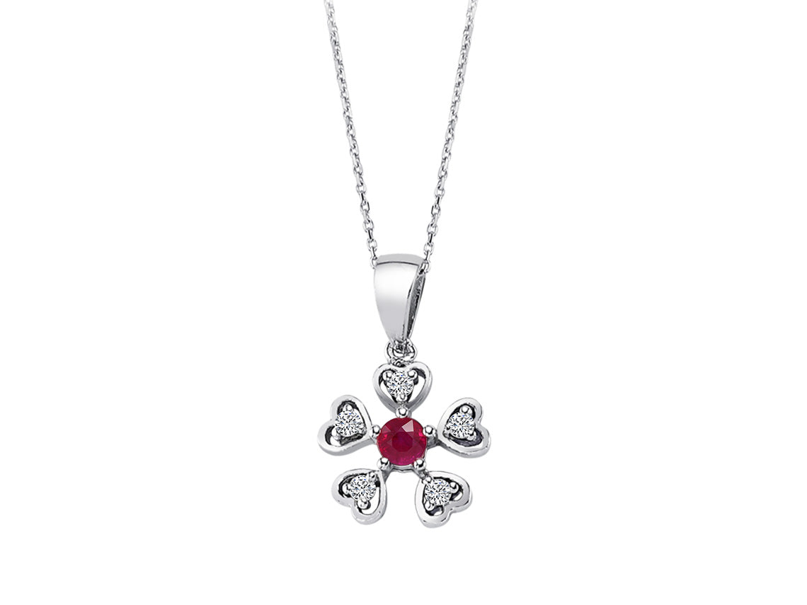 Diamond and ruby heart flower necklace in 8 K white gold