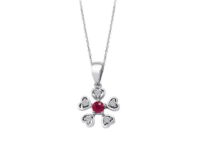 Diamond and ruby heart flower necklace in 8 K white gold
