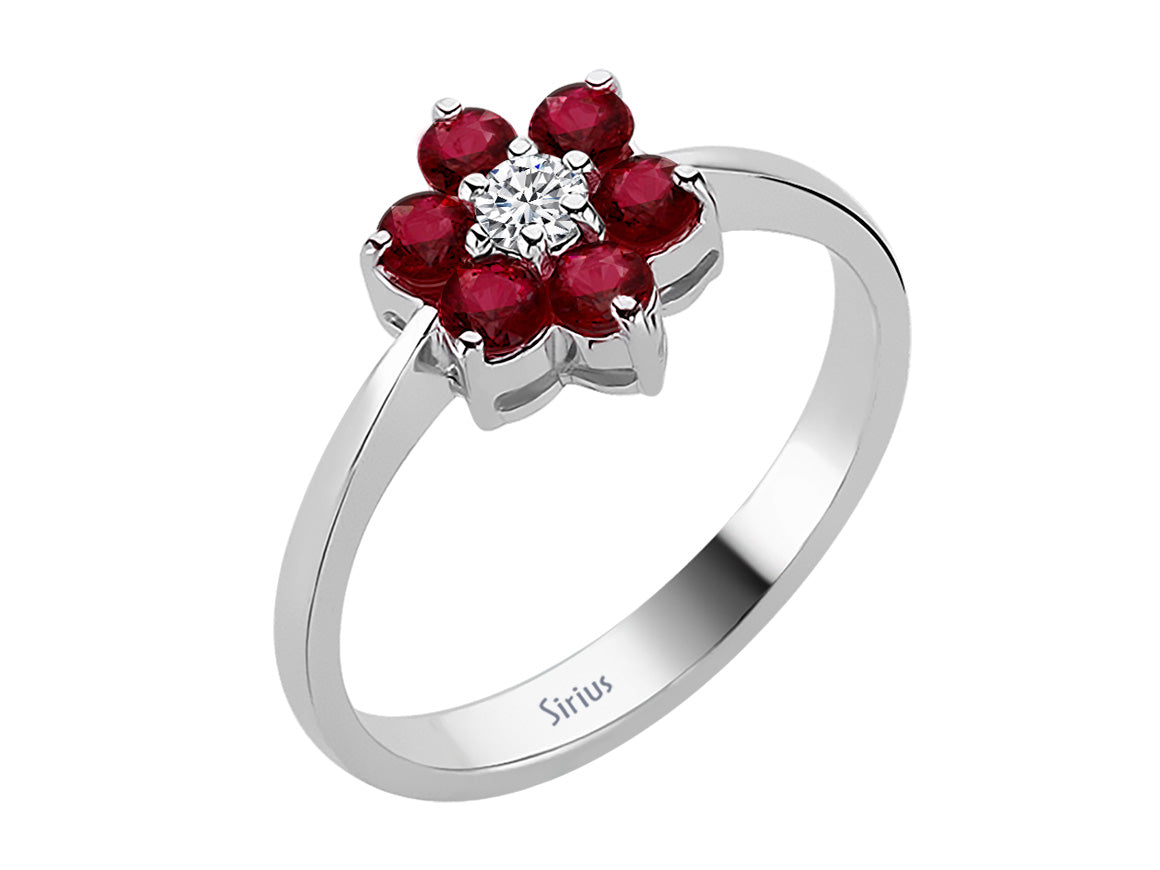 Diamant und Rubin Gänseblümchen Ring - handgefertigter Diamantschmuck aus Feingold | Sirius Diamant