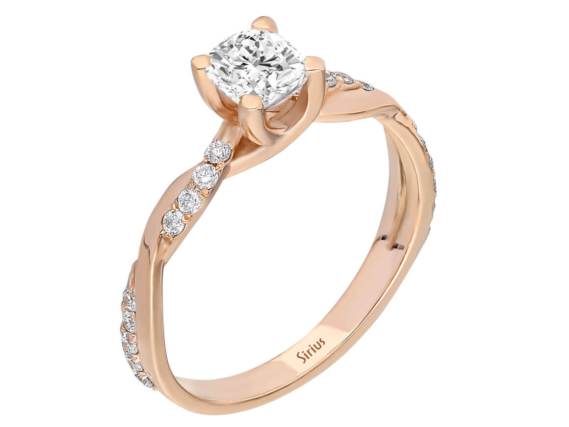 0.60 total carat diamond cushion cut solitaire ring in 14 K rose gold