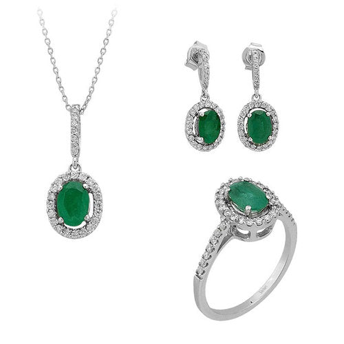 Smaragd Diamant Ring Anhänger Ohrstecker Schmuckset 585er Weißgold