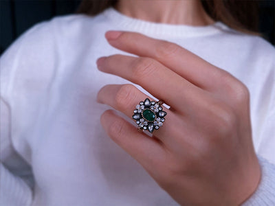 Diamond Emerald Rose-Cut Diamond Ring in 8 Carat Red Gold