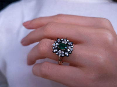 Diamond Emerald Rose-Cut Diamond Ring in 8 Carat Red Gold