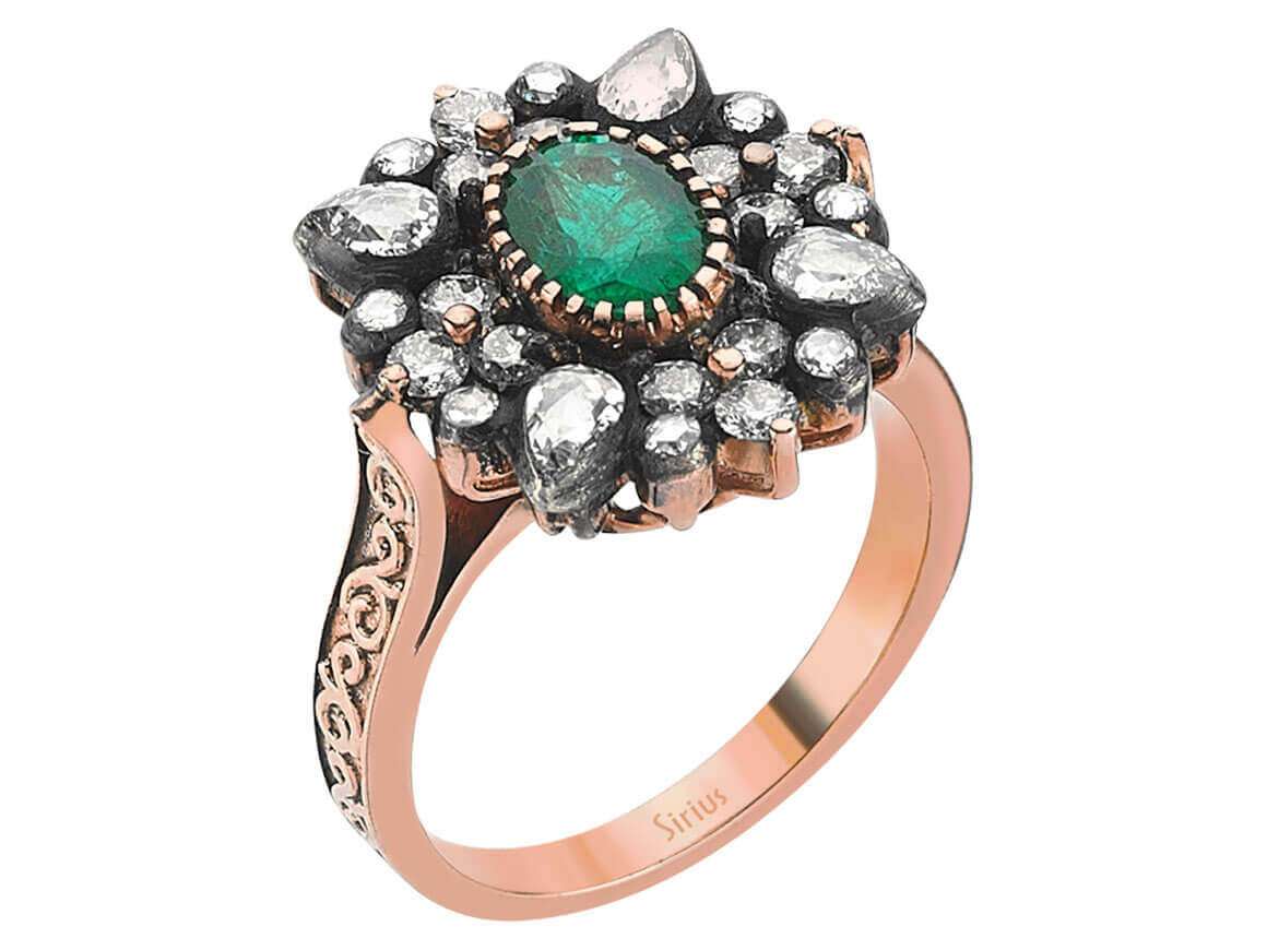 Diamond Emerald Rose-Cut Diamond Ring in 8 Carat Red Gold