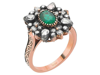 Diamond Emerald Rose-Cut Diamond Ring in 8 Carat Red Gold