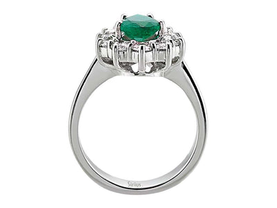 Diamond and drop emerald ring in 14 K white gold