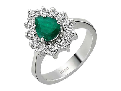 Diamond and drop emerald ring in 14 K white gold