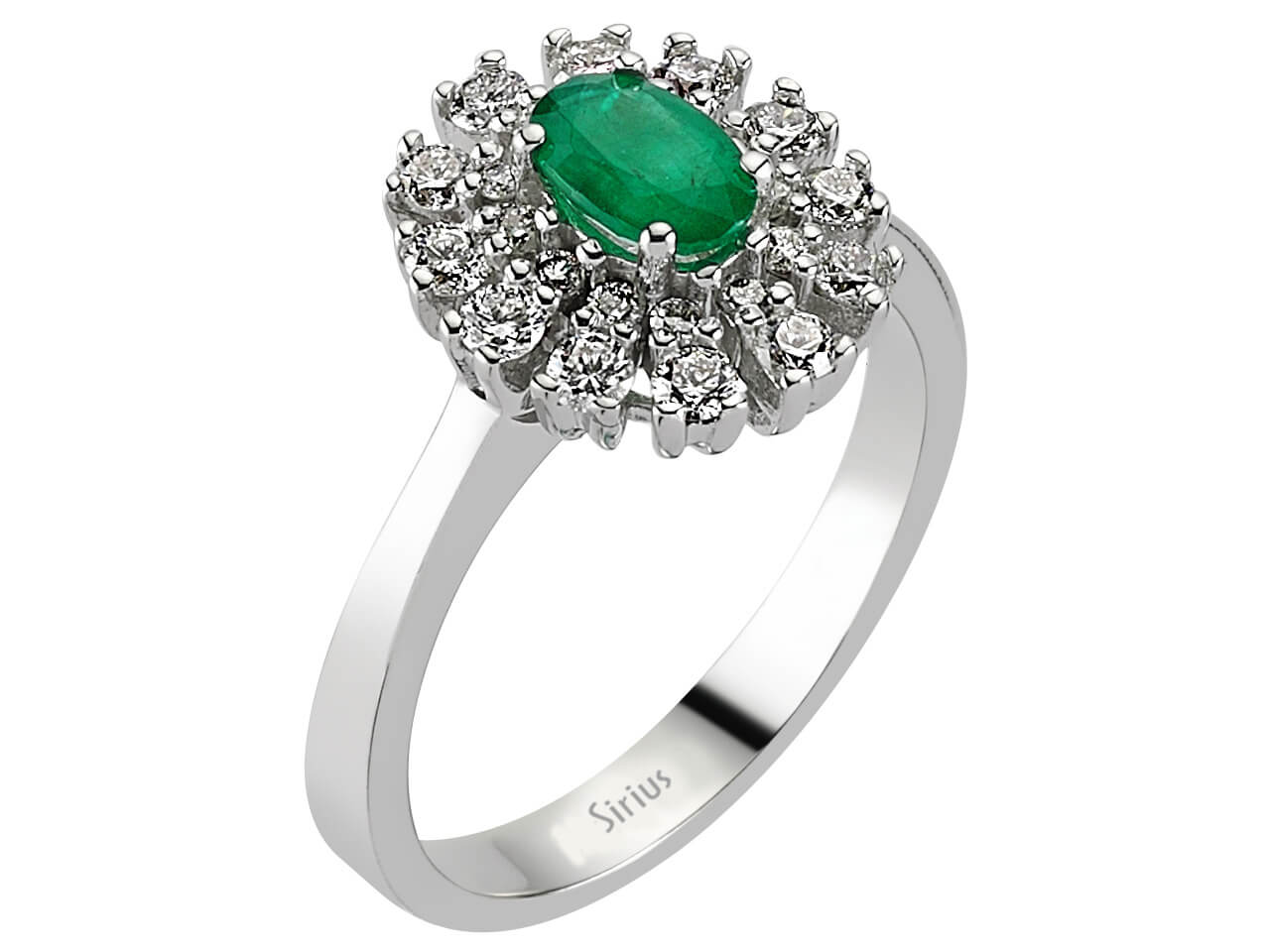 Diamond and oval emerald ring in 14 carat white gold