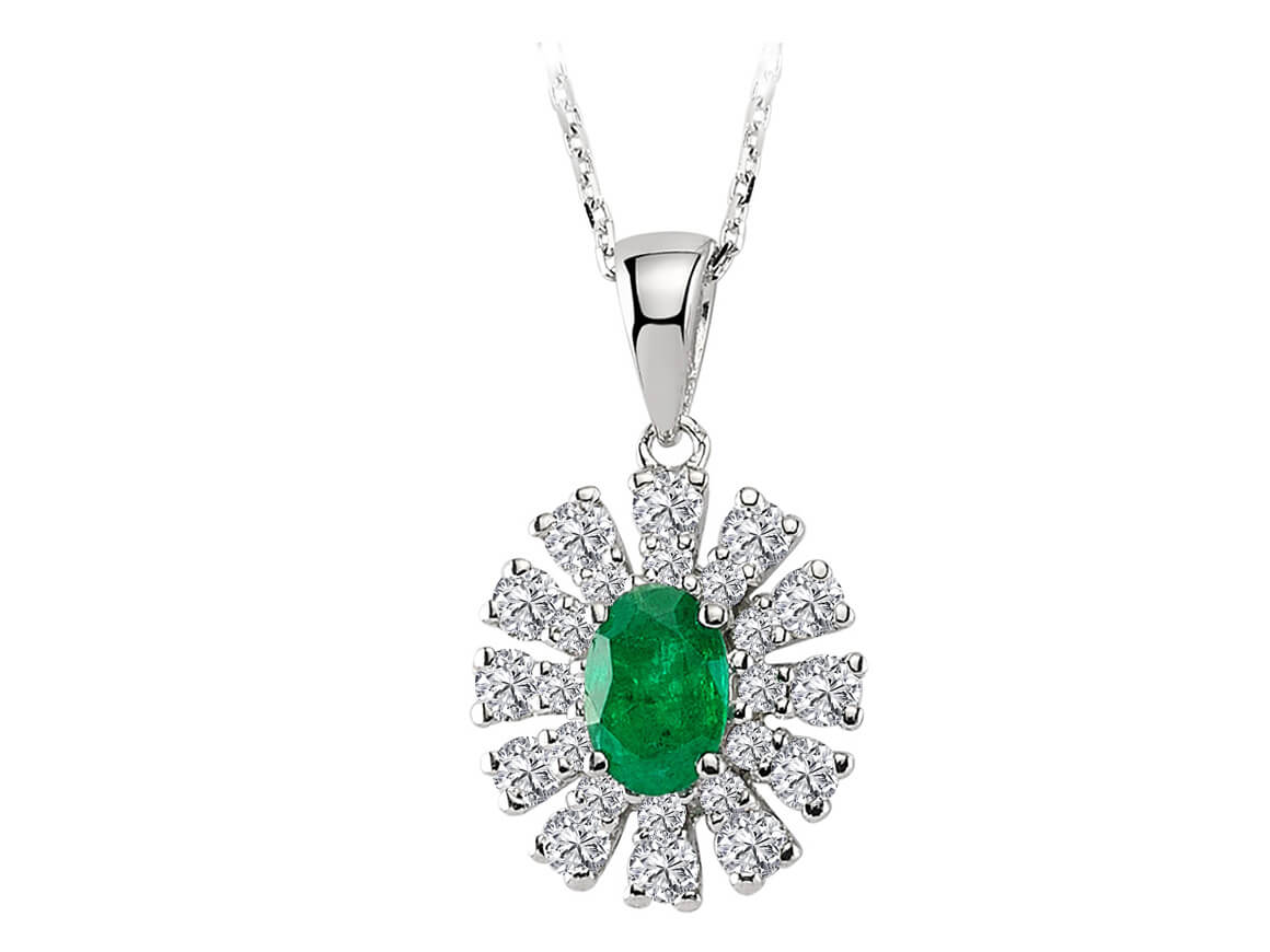 Diamond and oval emerald necklace in 14 K white gold