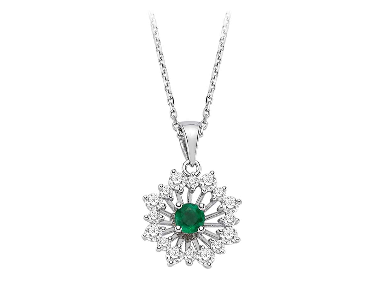 Diamond and emerald sunray necklace in 14 K
