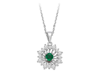 Diamond and emerald sunray necklace in 14 K