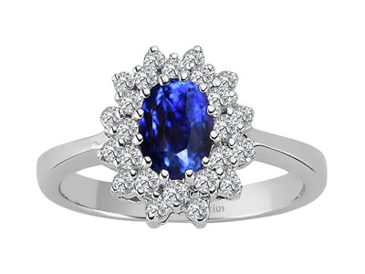 Double Row Diamond and Oval Sapphire Ring