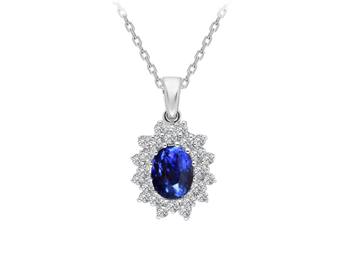 Two-row diamond and oval sapphire necklace
