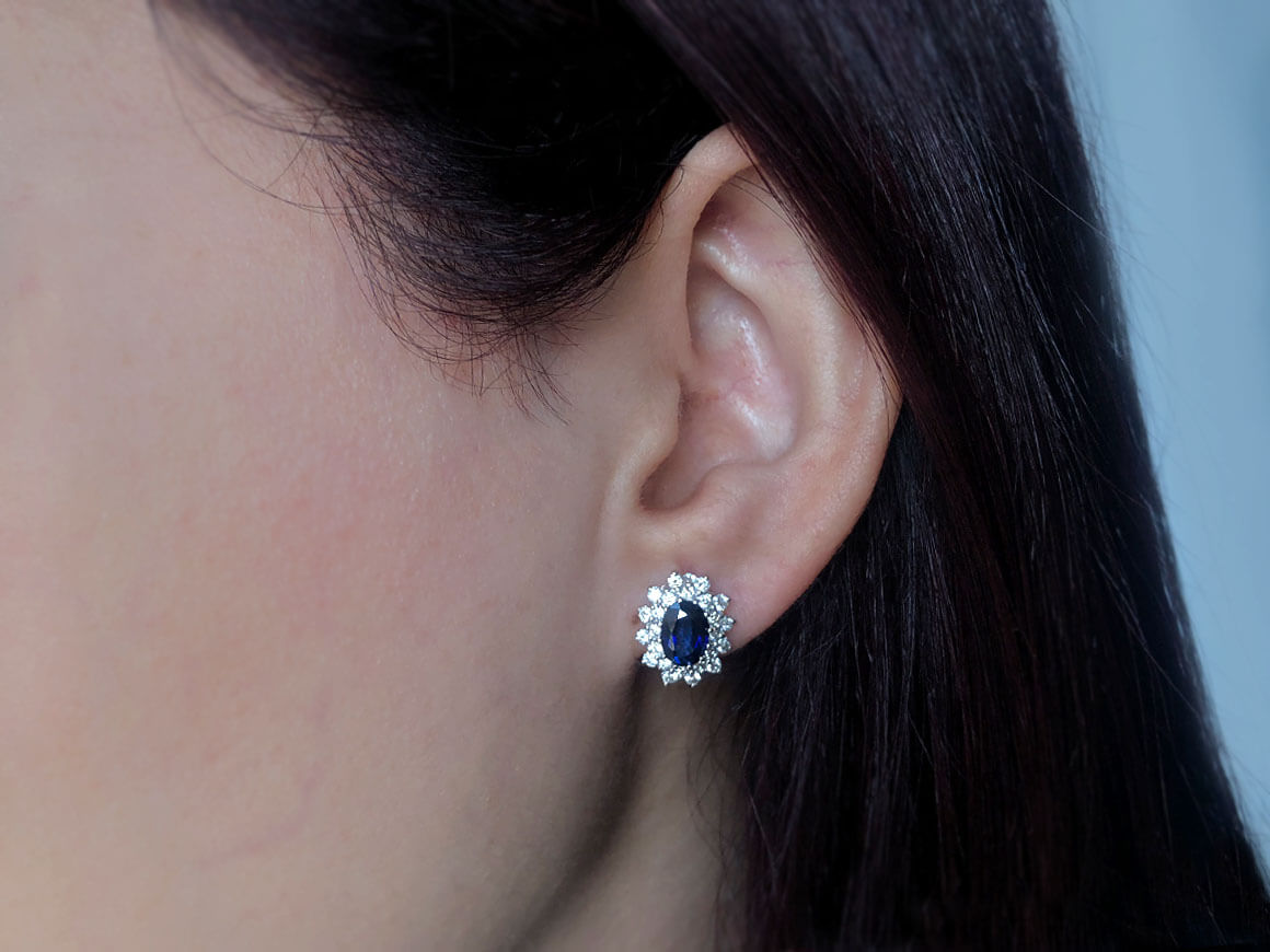 Double row diamond and oval sapphire earrings