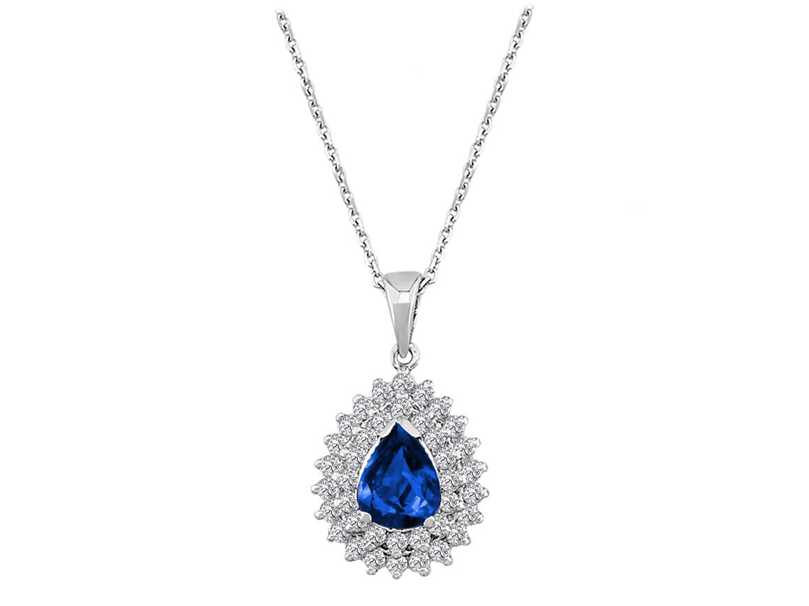 Two-row diamond and drop sapphire necklace in 14 carat white gold