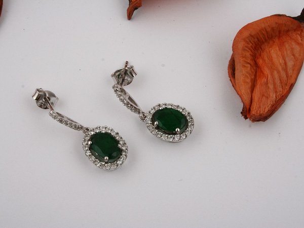 Diamant und Oval Smaragd Ohrringe in 585er 14 Karat Weißgold