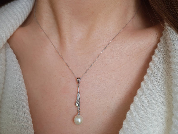 Diamant Baumelnde Perle Collier in 14 K Weißgold