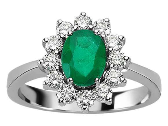 Diamant und Oval Smaragd Ring in 585er 14K Weißgold