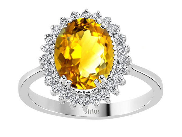 Diamant und Oval Citrin Ring in 585er 14 Karat Weißgold