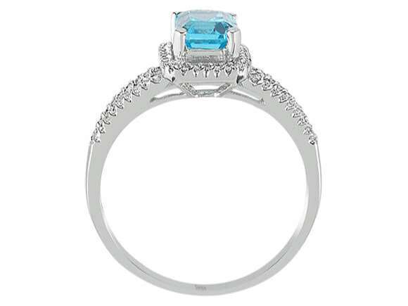 Diamant und Oktagon Blauer Topas Ring in 585 14 Karat Weißgold