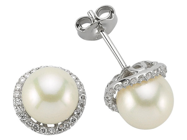 Diamant und Natur Perle Ohrringe in 14 K Weißgold