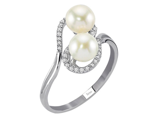 Diamant und Doppelte Perle Ring in 585er 14 K Weißgold