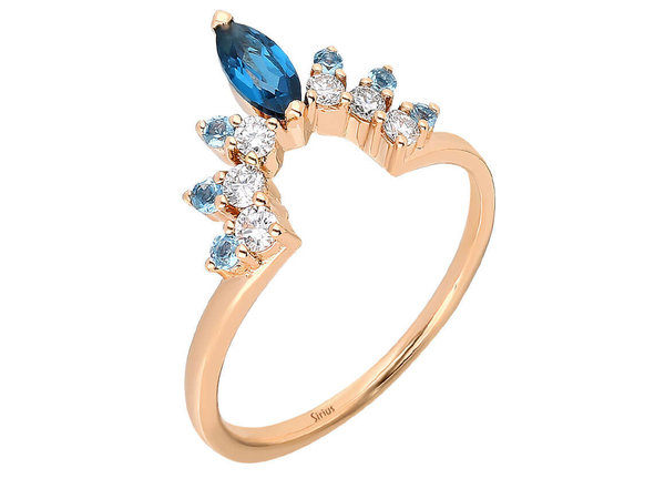 Diamant Blaue Traumkrone Ring in 585er 14 Karat Rotgold