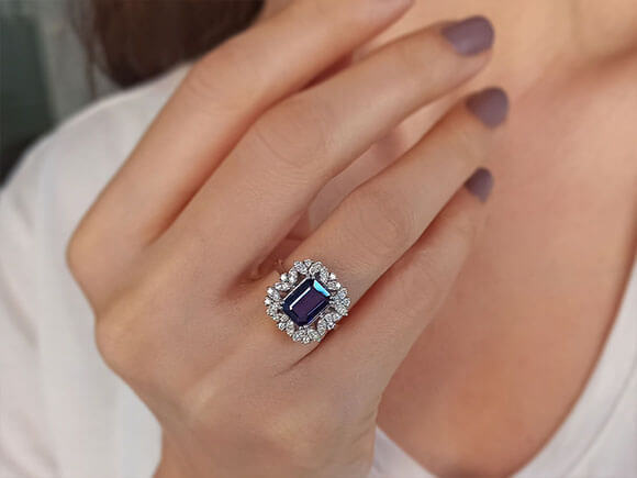 Diamant und Oktagon Schliff Saphir Ring